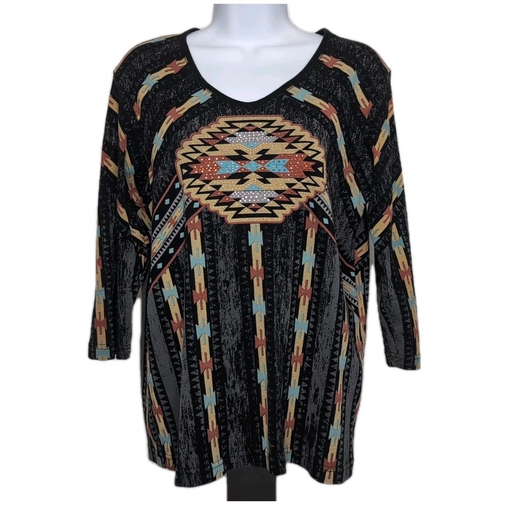 Vtg Cactus Bay Southwestern Top Size L Multicolor Aztec Embellished Western USA